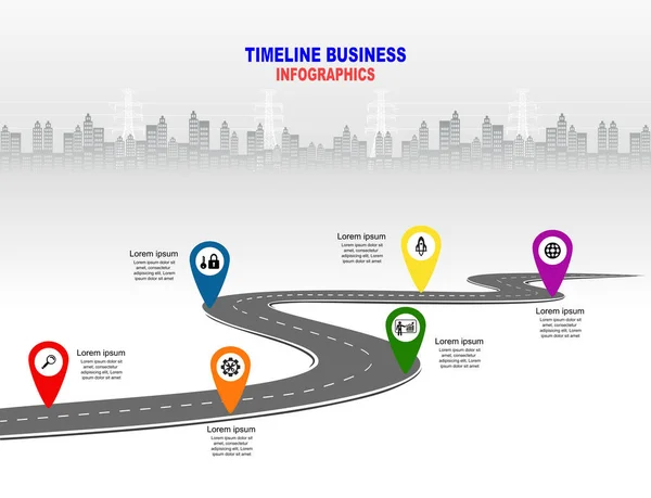 公路旅行 矢量图解 被白色背景隔离的柏油街 象征性的 成功的商业规划的步骤 带有针尖图标的Gps定位时间表信息模板 — 图库矢量图片