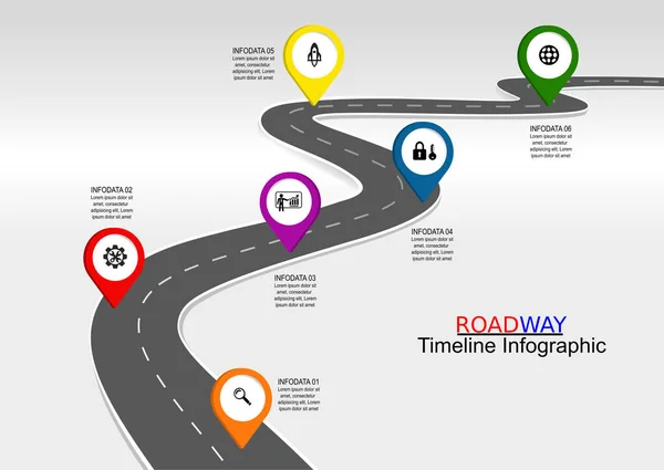 道路の旅 ベクトルイラスト アスファルトの通りの白い背景に隔離された 成功したビジネス計画のためのステップ ピンポインタアイコンとGps位置のタイムラインインフォグラフィックテンプレート — ストックベクタ