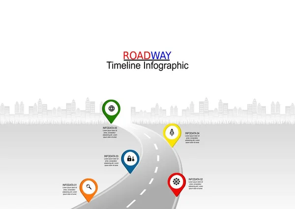 公路旅行 矢量图解 被白色背景隔离的柏油街 象征性的 成功的商业规划的步骤 带有针尖图标的Gps定位时间表信息模板 — 图库矢量图片