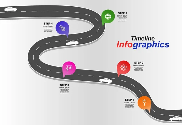 Yolculuk. Vektör çizimi. Asfalt caddesi beyaz arka planda izole edilmiş. Semboller, başarılı iş planlama adımları. İğne imleci simgesi ile GPS konum zaman çizelgesi bilgi şablonu. 