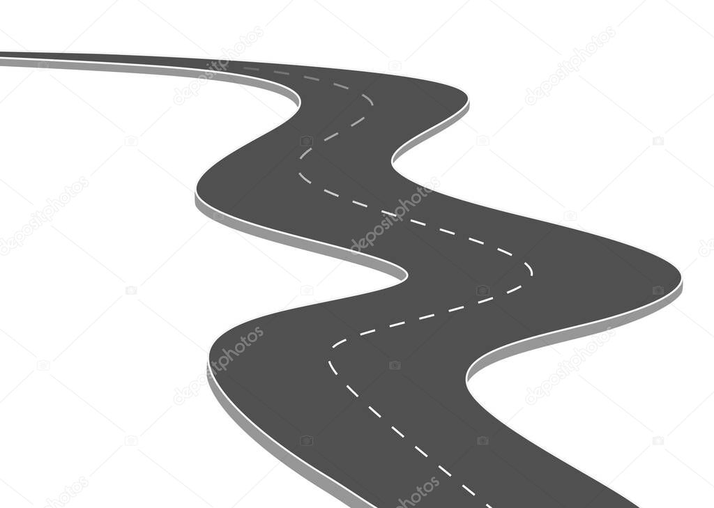 Roadway journey to the future. Asphalt street isolated on white background. Symbols Way to the goal of the end point. Path mean successful business planning Suitable for advertising and presentstation