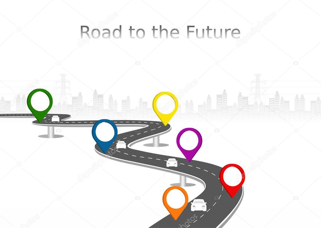 Roadway journey to the future. Asphalt street isolated on city background. Symbols Way to the goal of the end point. Path mean successful business planning Suitable for advertising and presentstation