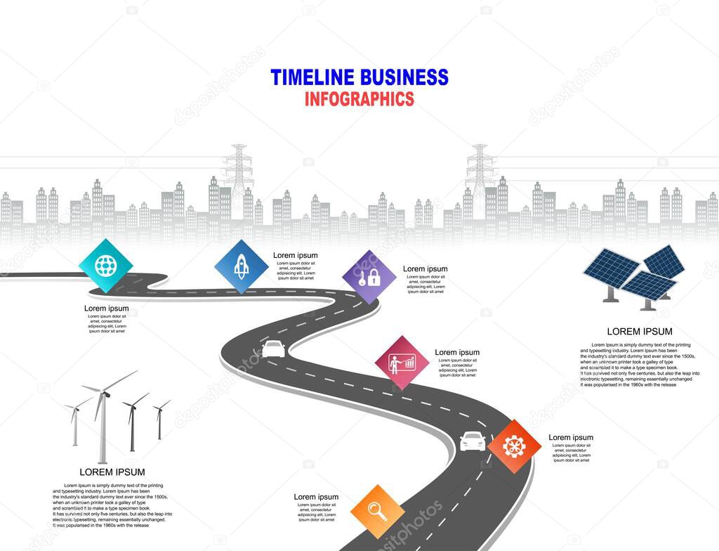 Power generation system renewable Clean energy from nature, such as wind, solar, water energy, can be used to produce electricity.Vector template infographic Timeline of business operations with flags