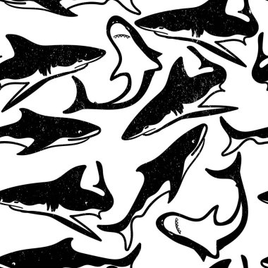Köpekbalıklarıyla kusursuz bir düzen. vektör illüstrasyonu