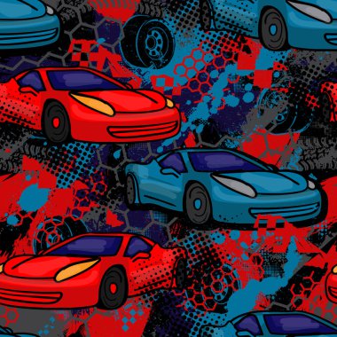 Soyut, dikişsiz araba desenli grunge şekilli çatlak arka plan. Çocuksu stil tekerlek arka planda tekrarlanıyor. Kırmızı ve mavi spor araba.