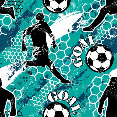 Erkekler için soyut, pürüzsüz desen. Futbol deseni. Futbol topuyla Grunge kentsel desen. Beyaz arka planda siyah ve yeşil renkli spor duvar kâğıdı. Tekrarlanan spor deseni.