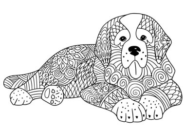 Bir köpeğin el çizimi vektör çizimi. anti stres Renklendirme Sayfa Vektörü tek renkli çizim.