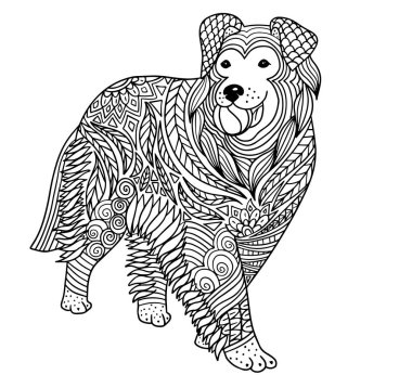 Bir köpeğin el çizimi vektör çizimi. anti stres Renklendirme Sayfa Vektörü tek renkli çizim.