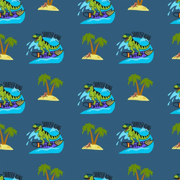 Seamless Pattern Tropical Palms Dinosaurs — Stock Vector