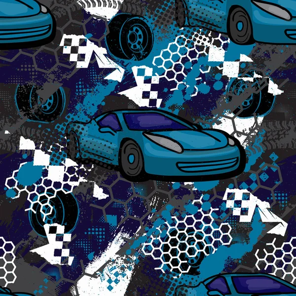 Abstrakte Nahtlose Autos Muster Auf Grunge Form Rissigen Hintergrund Kindlicher — Stockvektor