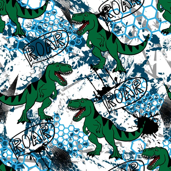 Dinozorlar Elle Çizilmiş Renk Vektörsüz Desen Jurasik Sürüngenleri Çiz Tekstil — Stok Vektör