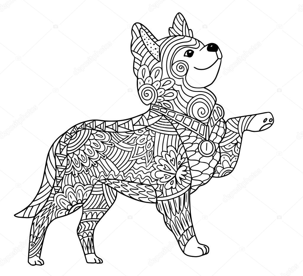 hand drawn vector illustration of a dog. anti stress Coloring Page Vector monochrome sketch.