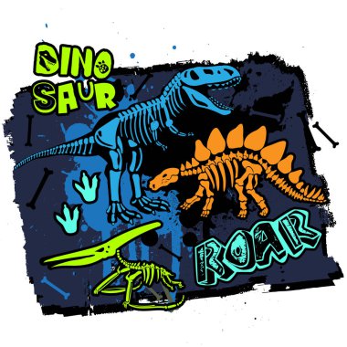 Dinozor iskeletli tipografi baskısı. T-rex 'li orijinal tasarım, dinozor. Tişört, tekstil, ambalaj kağıdı, ağ baskısı.