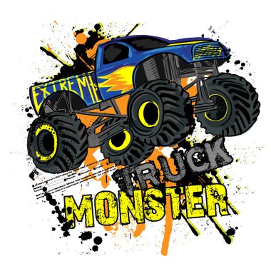 Monster Track araba tipografisi. Vektör illüstrasyonu, erkek arkaplanı baskı, bebek kıyafetleri, tişört, çocuk ya da posterler için