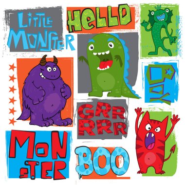 Tişörtler, tekstil ürünleri, kağıt ve ağ için sevimli canavarlar baskı yapıyor. Küçük sevimli canavarlarla orijinal tasarım. Erkekler için havalı tasarım