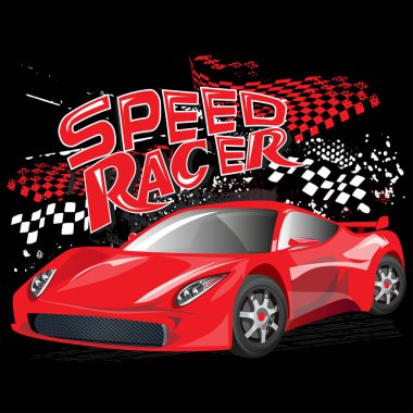 Spor arabası, bayrağı, kirli sprey bira dövmesi olan hızlı yarışçı posteri. Otomobil çizimi. erkek çocuk arkaplanı baskı, bebek kıyafetleri, tişört, çocuk ya da posterler için