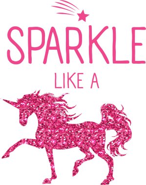 Güzel tek boynuzlu at izi. Gömlek tasarımı ve orijinal kaligrafik metin. Çocuklar sihirli slogan, kıyafetler, afişler, kızlar, kadınlar, çocuklar için. Tek boynuzlu at gibi el yazısı SARKLE