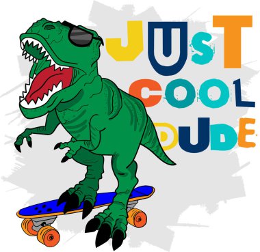 Tyrannosaur 'un kaykayla gezdiği tipografik baskı. Havalı bir adam. T-Rex. Parmak izi, kıyafet, tişört, çocuk ya da internet için. Yaratıcı orijinal tasarım