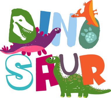 Dinozorlu şirin Typographic baskısı. Çocuklar baskı, giysi, tişört, çocuk ya da internet için baskı yapıyor. Yaratıcı orijinal tasarım
