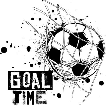 Gol toplu parlak futbol baskısı, slogan - gol zamanı. Tekstil, tişört, çocuk kıyafeti baskısı.