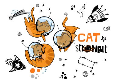 Uzaydaki kedi. Kedi astronotla güzel bir tipografi baskısı. Çocuklar için grafiksel tişörtler, baskılar, kart ve daha fazlası