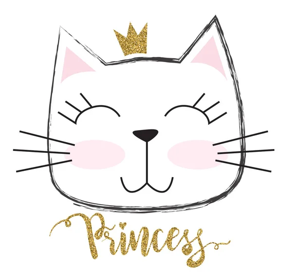 キラキラした冠を持つかわいいプリンセス猫 ベビー服 Tシャツ 子供や包装紙のために 独創的なガーリッシュオリジナルデザイン — ストックベクタ