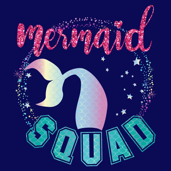 Lindo Estampado Sirena Diseño Camiseta Con Texto Caligráfico Holográfico Original — Vector de stock