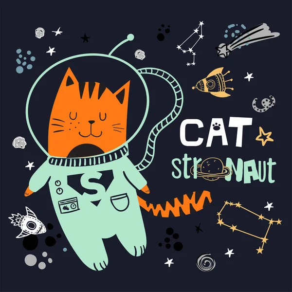 Gato Espacio Lindo Estampado Tipográfico Con Gato Astronauta Para Niños — Archivo Imágenes Vectoriales