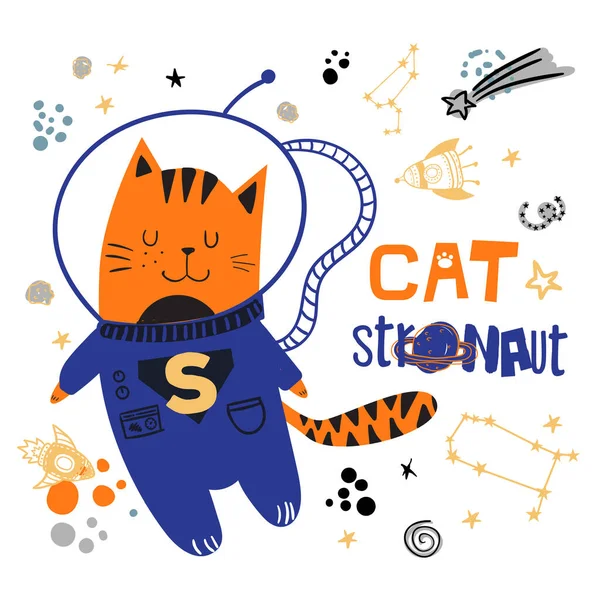 Kat Ruimte Leuke Typografie Print Met Kat Astronaut Voor Kinderen — Stockvector