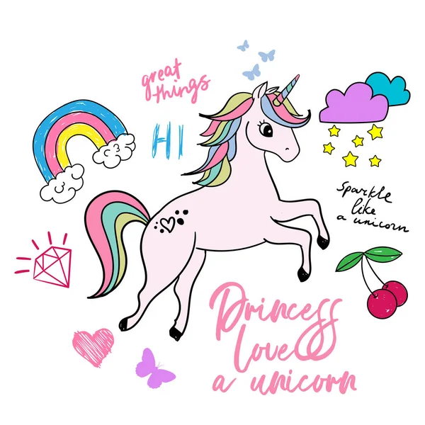 Unicorno Disegnato Mano Stampa Unicorno Tipografico Shirt Design Kids Slogan — Vettoriale Stock