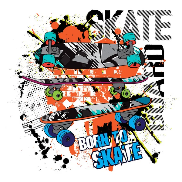 Typography Hand Drawn Skateboard Print Slogan Born Skate Bright Print — Stock Vector