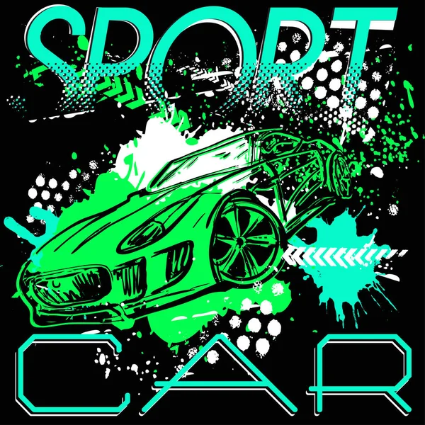 スポーツカー フラグ 汚れたスプレーピンクとスピードレーサーポスター 自動車イラスト 男の子背景プリント ベビー服 Tシャツ 子供やポスターのために — ストックベクタ