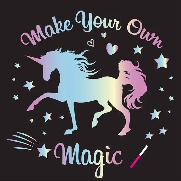 Cute Unicorn Cetak Shirt Desain Dengan Teks Kaligrafi Holografik Asli - Stok Vektor