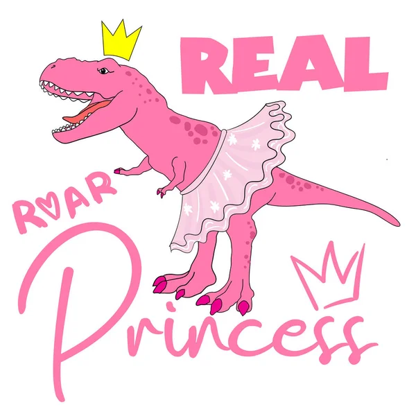 Real Dino Princesa Tipografia Impressão Desenho Ilustração Mão Com Menina —  Vetores de Stock