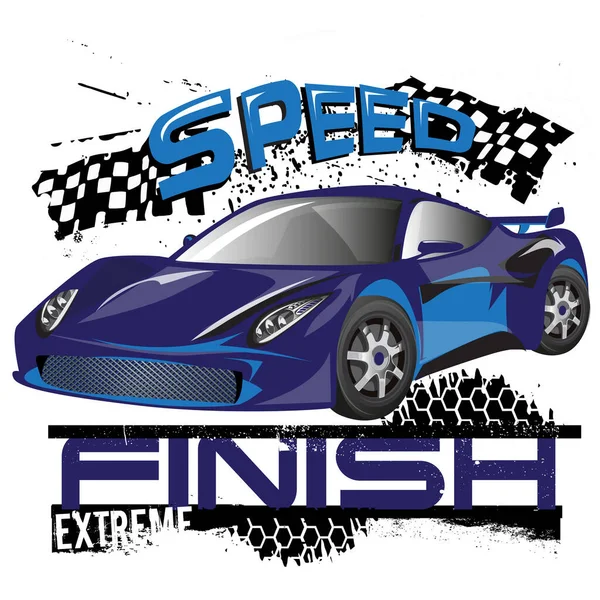 Manifesto Speed Racer Con Auto Sportiva Bandiera Inchiostro Sporco Spray — Vettoriale Stock