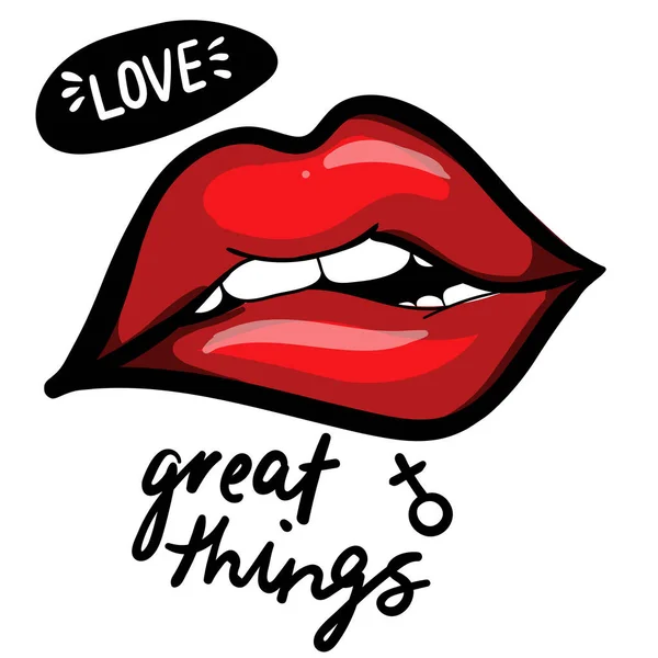 Tipografia Impressão Moda Com Lábios Vermelhos Desenho Para Camisetas Design — Vetor de Stock
