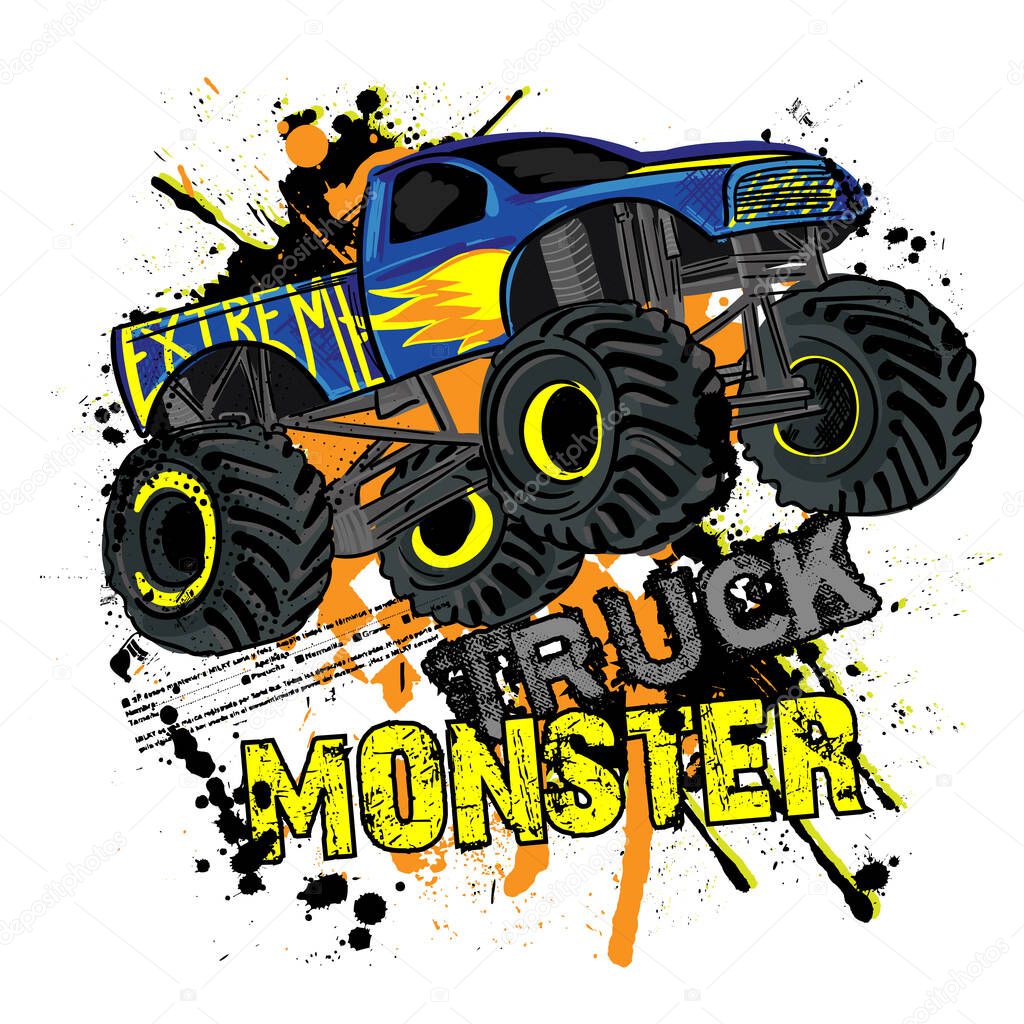Monster Track car typography print. Vector illustration, boys background For print, baby clothes, t-shirt, child or posters
