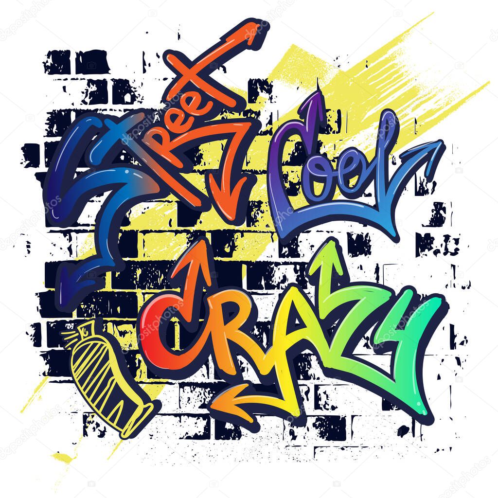 Typography graffiti print. Graffiti on the wall. Background for boys