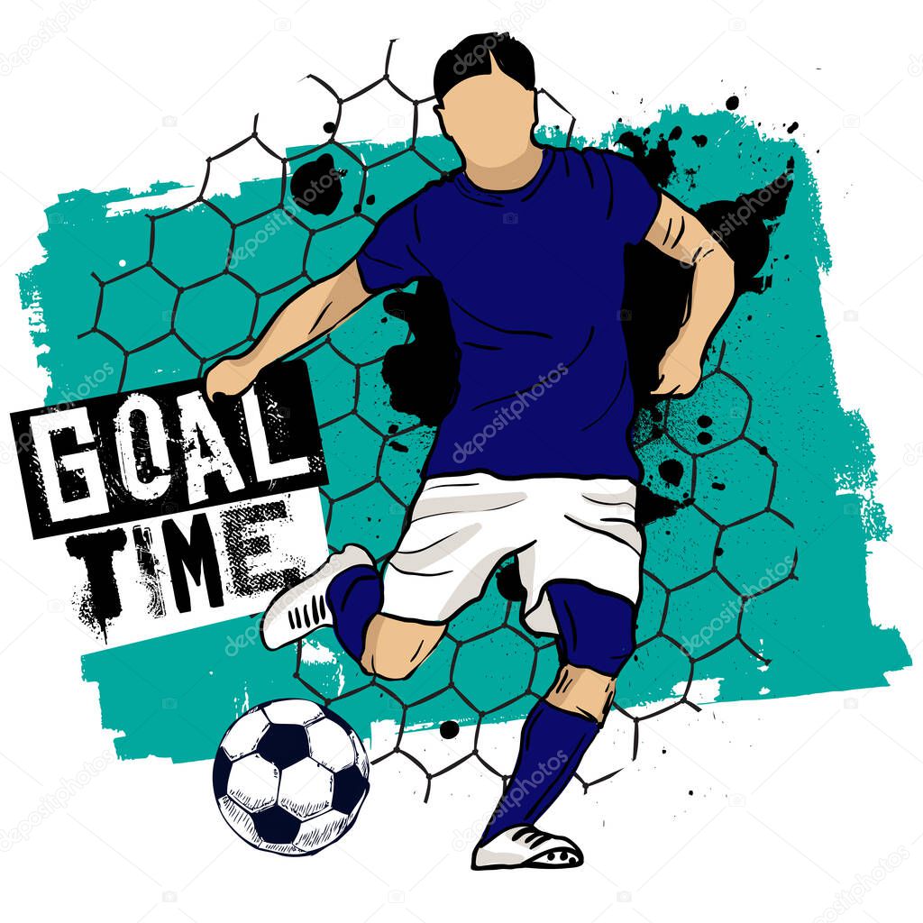 Goal time. Typography t-shirt design with lettering, urban style and silhouette of soccer player. Sport motives poster