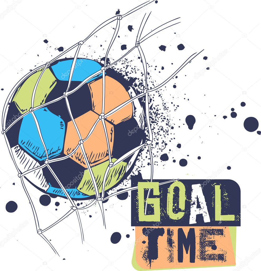 Bright football print with goal ball , a slogan - goal time. Print for textiles, t-shirts, children's clothes.