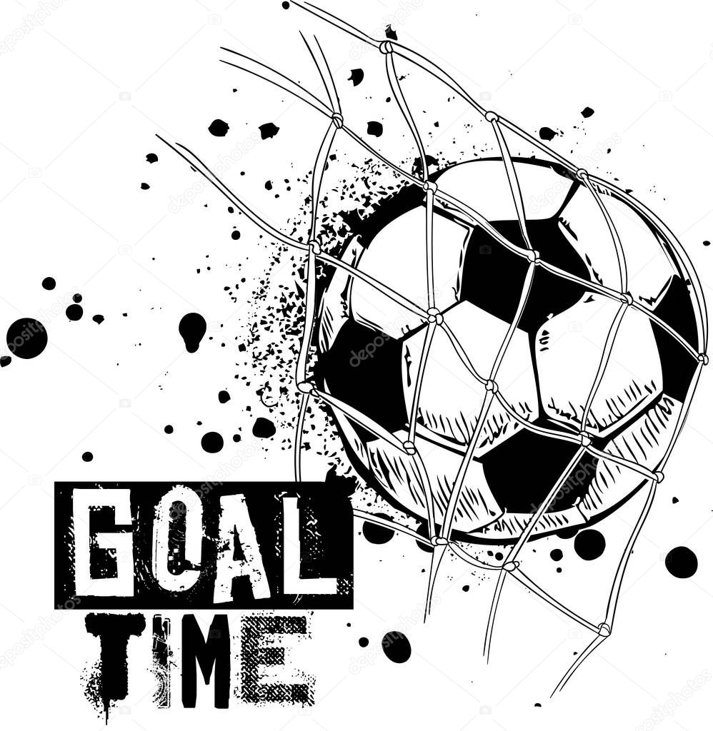 Bright football print with goal ball , a slogan - goal time. Print for textiles, t-shirts, children's clothes.