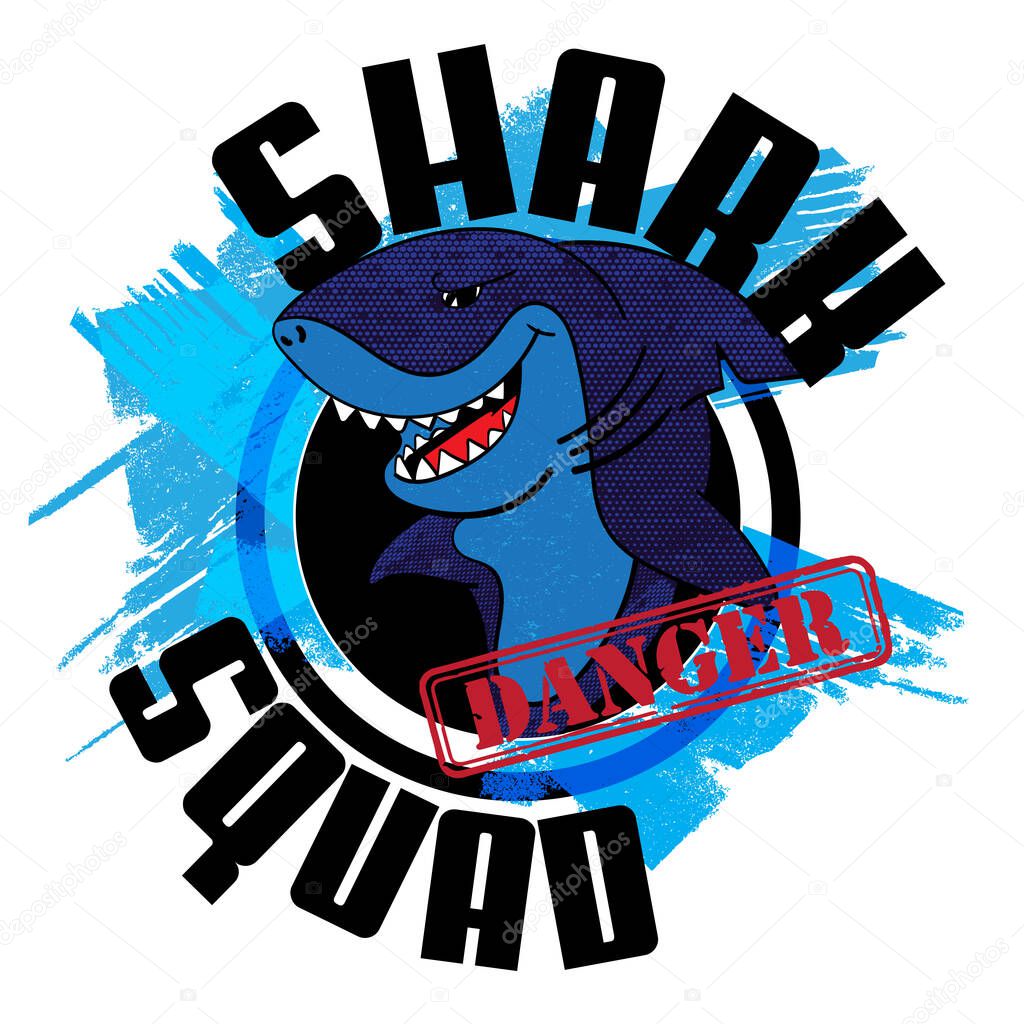 Shark squad. Typography graphic print with Shark, Abstract drawing for t-shirts. creative design for boys.