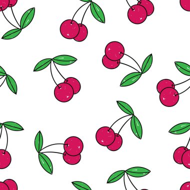 Beyaz arka planda kırmızı kirazlı hoş, pürüzsüz bir desen. Kızlar için duvar kağıdı, baskılar Moda tarzı kumaş ve daha fazlası