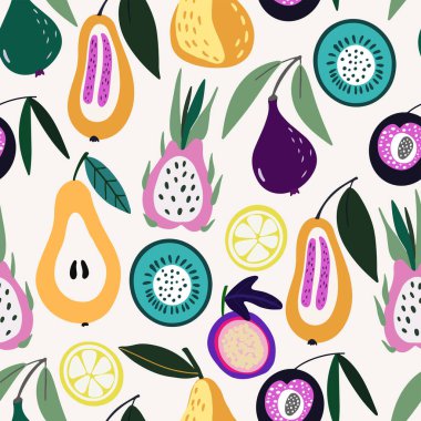 Moda tropikleri düz duvar kağıtları. Beyaz zemin üzerinde tropik meyveler olan kusursuz bir desen. Kumaş, ambalaj kağıdı ve daha fazlası için meyve karışımı tasarım.