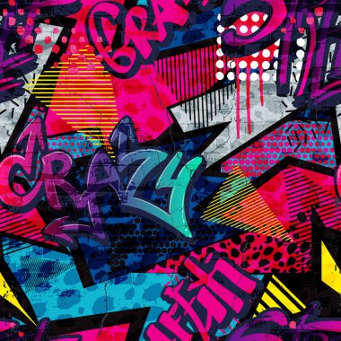 Soyut parlak grafiti deseni. Tuğlalar, boya damlaları, grafiti tarzında kelimeler. Tekstil, spor kıyafetleri, baskılar için grafik şehir tasarımı.