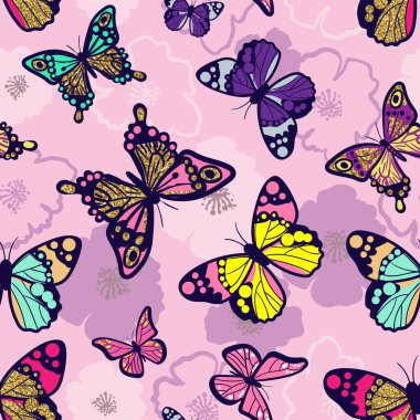 Parlak kelebekli kusursuz bir desen. Boyalar, el çizimi kelebekler. Tekstil desenleri, çocuk giysileri, ambalajlar. Kız arkaplanı