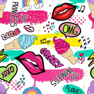 Dudakları, çıkartmaları ve dondurması olan modaya uygun, kusursuz bir desen. Modern grunge arka plan tekstili, baskılar, kağıt ürünleri, internet. Kız modeli