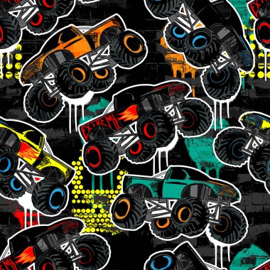 Soyut, dikişsiz canavar kamyon desenli grunge şekilli kırık arka plan eski püskü noktalar ve sprey boya dokusu, mürekkep. Erkek stili teker otomatik yinelenen arkaplan.