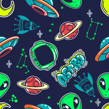 Parlak, pürüzsüz uzay çıkartması deseni, moda tekstili, kıyafetler, ambalaj kağıdı. Boşluk ile tekrarlanan yazdırma