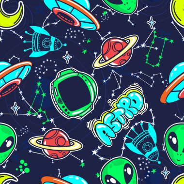 Erkekler, gençler, moda tekstili, kıyafetler, ambalaj kağıtları için parlak, pürüzsüz uzay etiketi deseni. Boşluk ile tekrarlanan yazdırma